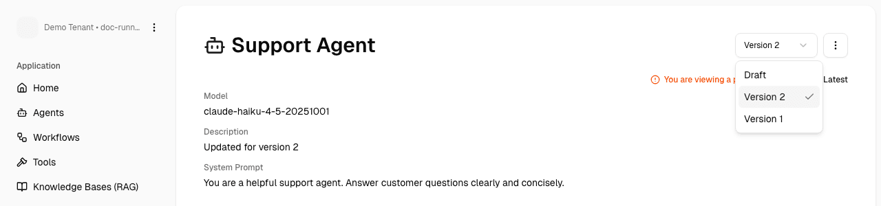 Version dropdown showing Draft, Version 2, and Version 1