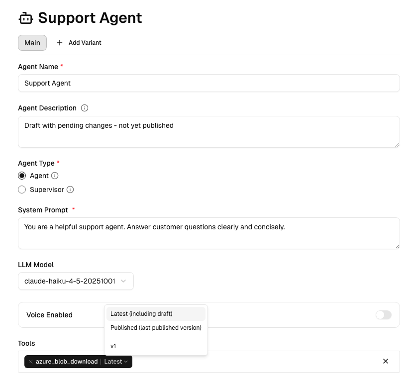 Tool version selector showing Latest and Published options
