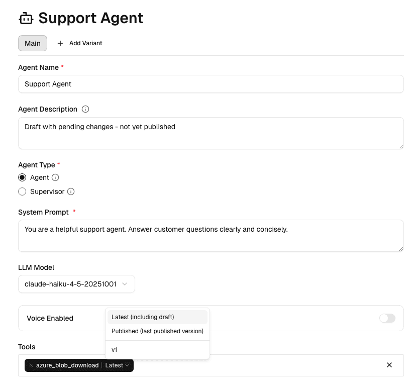 Tool version selector showing Latest and Published options